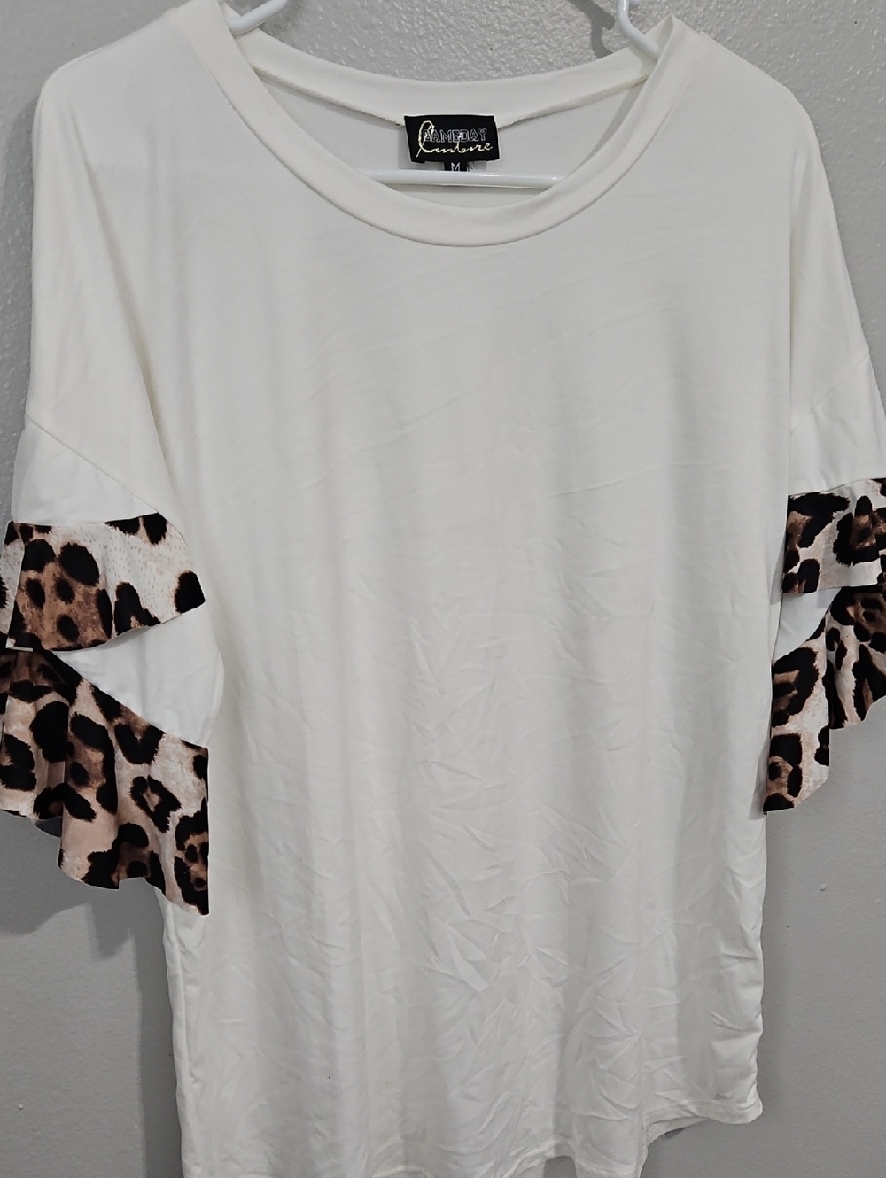 Cream Short Sleeve Top with Leopard Ruffle Trim